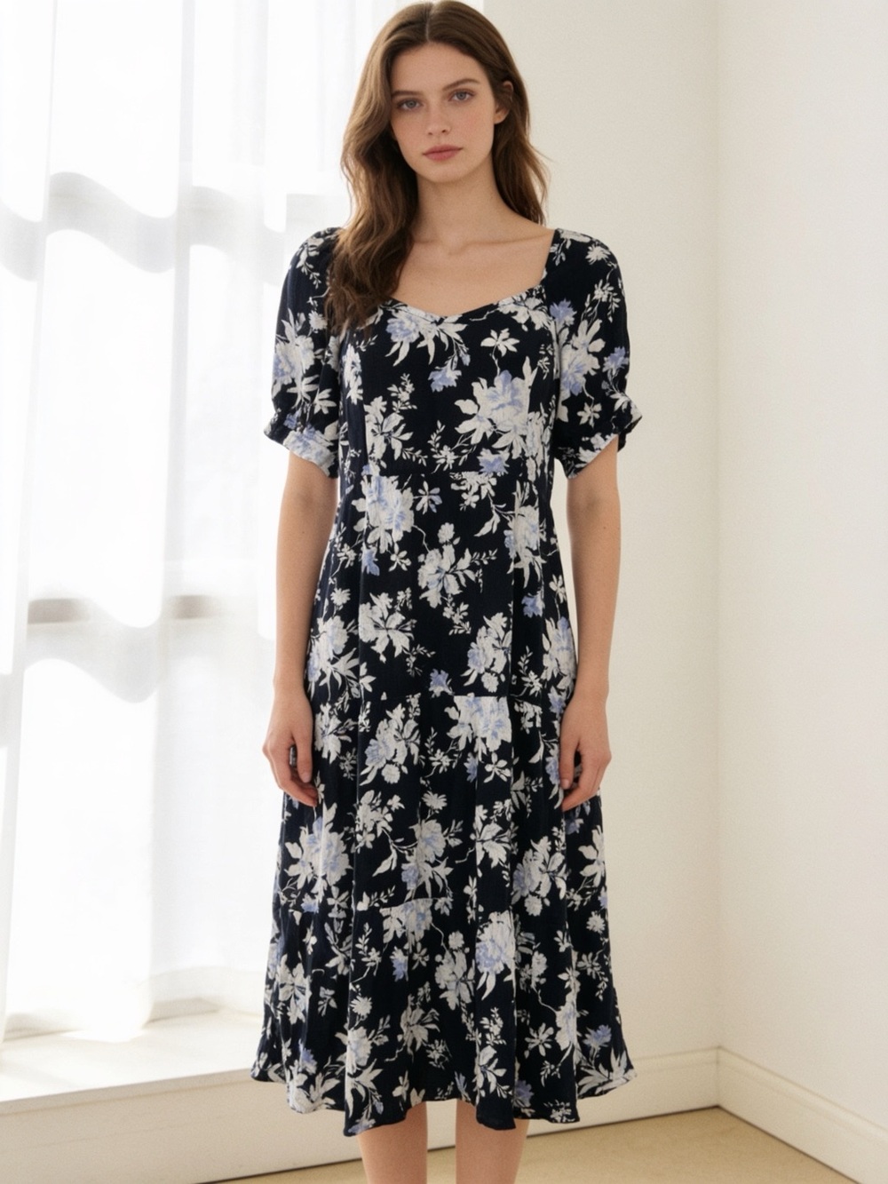 Abercrombie & Fitch Navy Blue Floral Puff Sleeve Midi Dress Women’s Medium